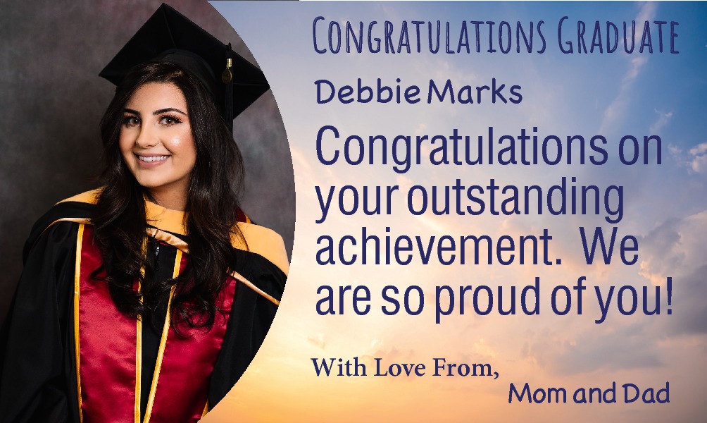  Debbie Marks Congratulations on   Debbie Marks Congratulations on your outstanding achievement. We are so proud of you! Mom and Dad 